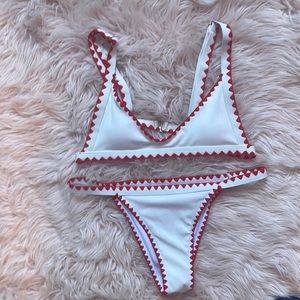 Red and White geometric patterned SHEIN bikini. NEVER WORN. Size M.
